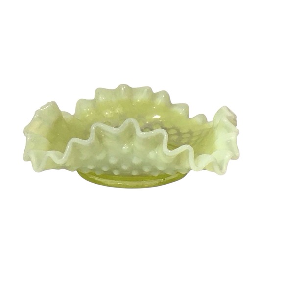 Fenton Yellow Topaz Hobnail Vaseline Uranium Glass Dish Crimped Ruffled Edge - Picture 3 of 8